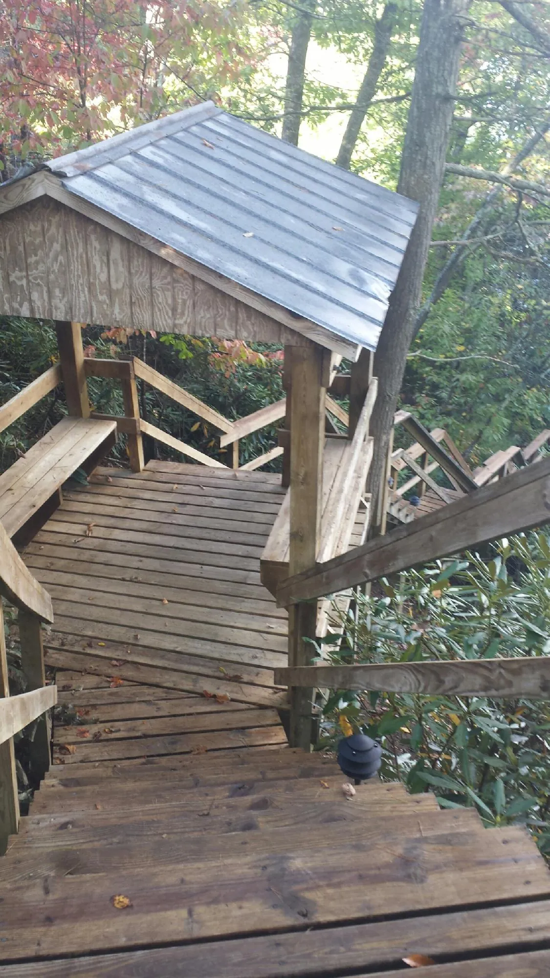 Metal roofed shelter over wooden steps on a wooded walkway — Skylight Repair & Installation work by our crew in Henderson